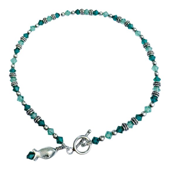 Vintage 925 Silver & Emerald Green Beaded Fish Charm Anklet - Picture 2 of 8